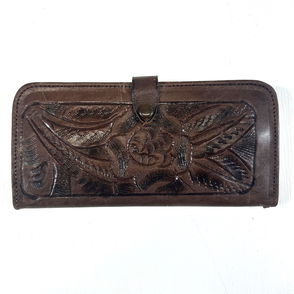 Vintage Gaitan Hand Tooled Leather Floral Rose Long Bifold Wallet Brown